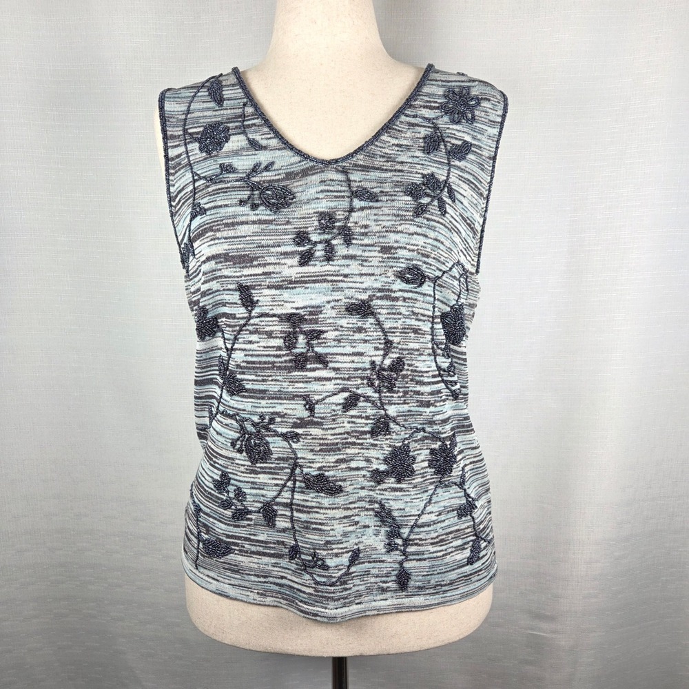 Jones New York Sleeveless Knit‎ Top Women's XL Beaded Embellished Blue Knitwear - Picture 2 of 8